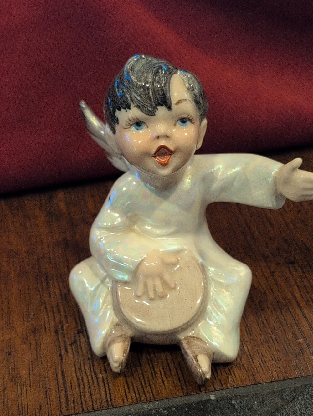 Vintage Holland Mold Iridescent White Ceramic Angel with Drum Artist Signed